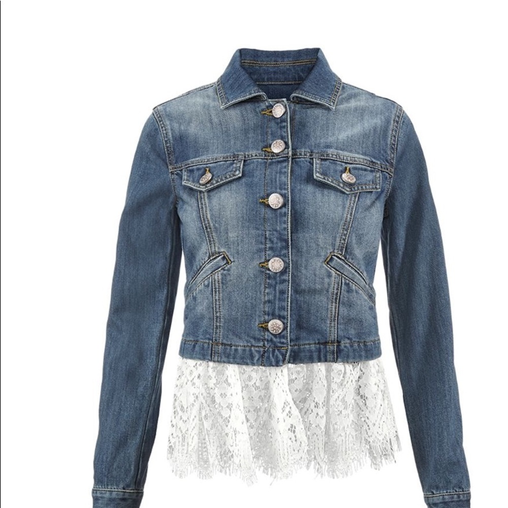CAbi Blue Jean Jacket with White Lace Trim